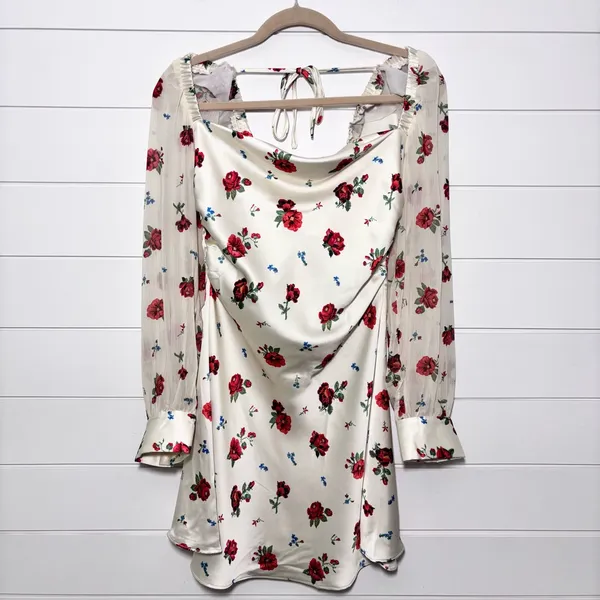 Weworewhat‎ Red Floral Satin Puff Sleeve Mini Dress Size 8 - Image 12