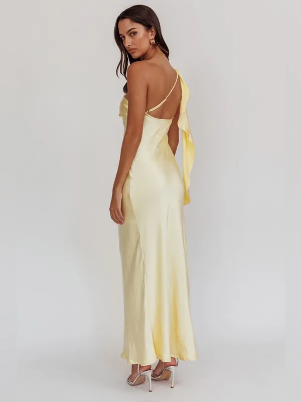 Selfie Leslie One-Shoulder Satin Slip Dress in Pale Yellow - Image 2