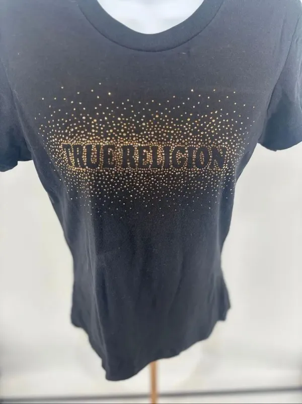 True Religion Gold Stud Embellished Crew Neck Tee Womens Small Black Bling - Image 2