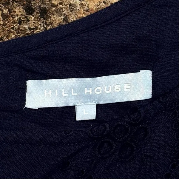 Hill House One Shoulder Dress Eyelet Linen Blend Embroidered Navy Blue L Boho - Image 3
