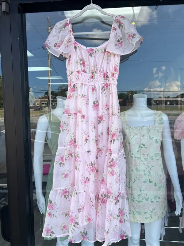 Floral Chiffon Flounce Sleeve Shirred Midi Dress Small - Image 10
