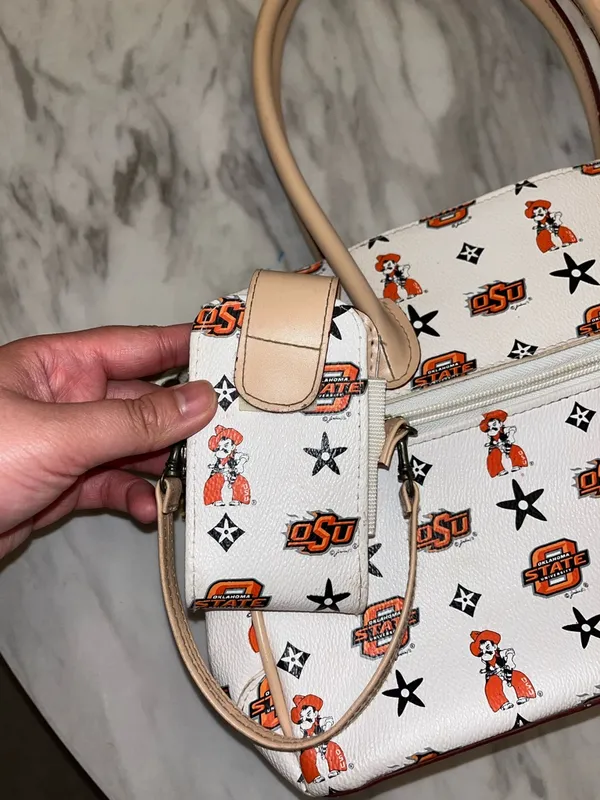 Oklahoma State OSU Cowboy Graphic Satchel Handbag Bow Charm Bag - Image 4