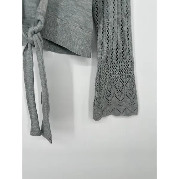 Y2K Vintage Hot Shot Grey Cardigan Tie Sweater Shrug Crochet Bell Sleeve Women M - Image 4