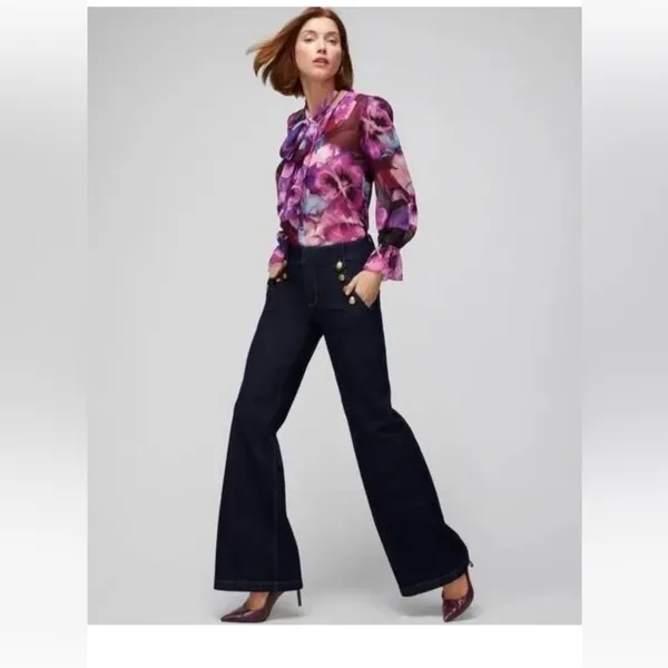 White House Black Market Purple Floral Tie Neck Blouse •Small - Image 6