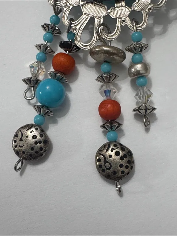 Vintage Turquoise& Coral Dangle Brooch — Silver-Tone Women’s Jewelry - Image 3