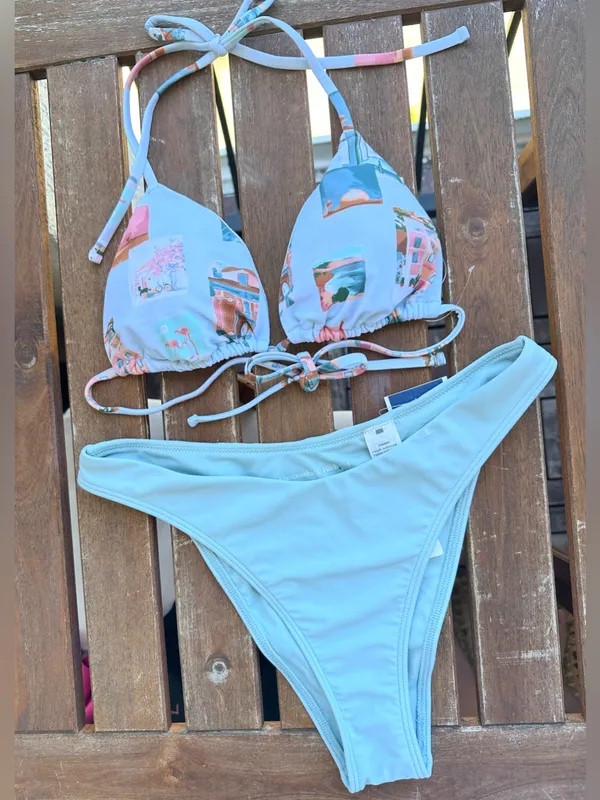 NWT Abercrombie & Fitch Bikini Set - Light Blue Postcard Pattern/Light Blue - S - Image 5