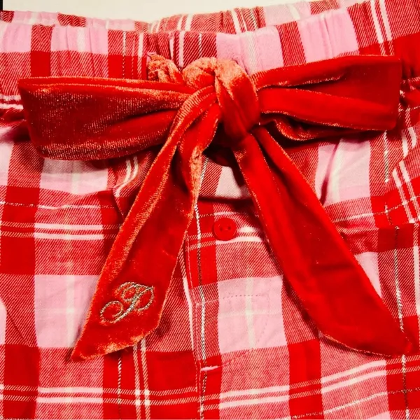 PINK VICTORIA’S SECRET Flannel Pajama Shorts Red Pink Silver Plaid Ruffle L - Image 3