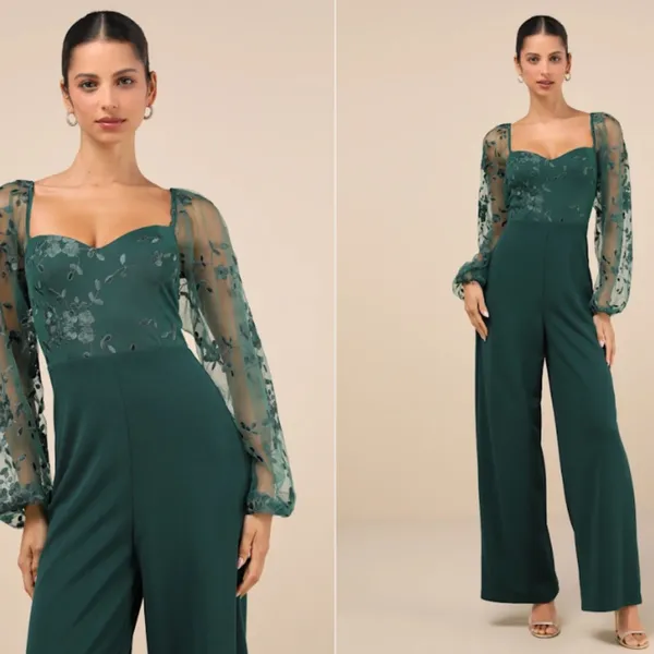LULU's Sexy Chic Floral Wedding Formal Elegant Classy Long Sleeve Pantsuit - Image 2
