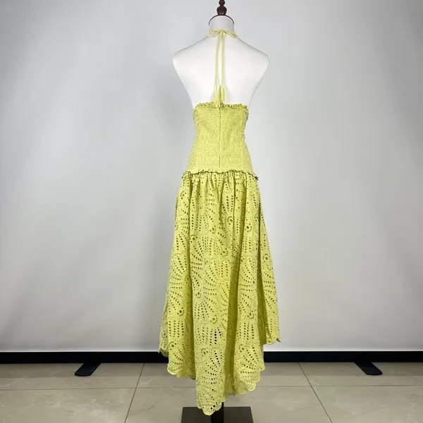 NWOT Farm Rio Embroidered Eyelet A-Line Asymmetry Beads Midi Dress Size L Cotton - Image 10