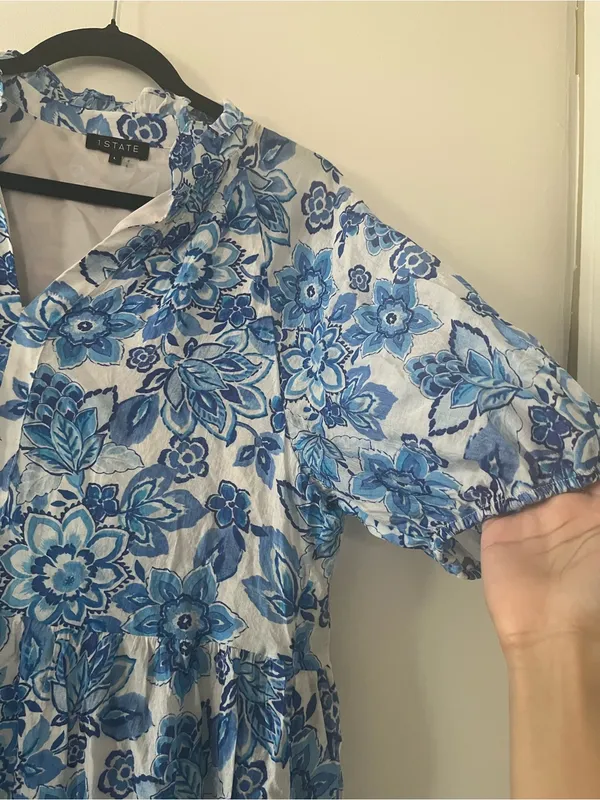 1.State Blue White Floral Puff Sleeve Mini Dress Large Cottagecore Prairie - Image 3