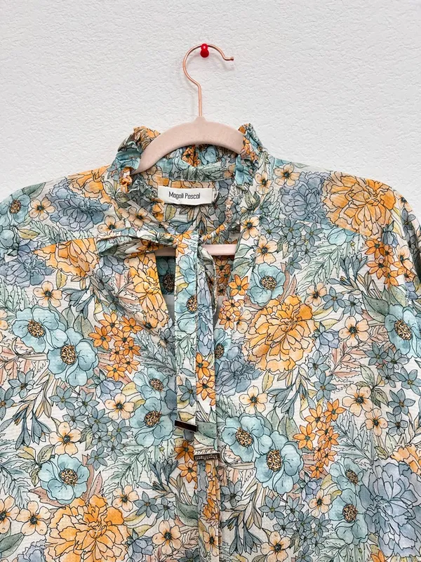 Magali‎ Pascal Blue Yellow Floral Tiered Mini Dress XS Cotton Boho Resort Dress - Image 3