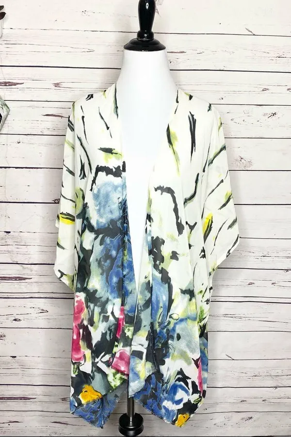 Multicolor Bohemian Abstract Floral Kimono Shawl Cover-Up Blouse Top One Size - Image 2