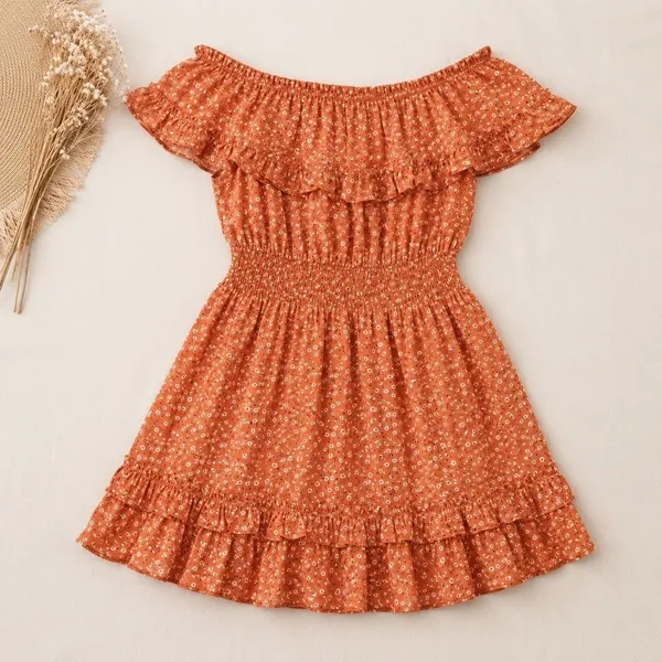 Kori America Orange Ditsy Floral Smocked Off The Shoulder Mini Dress Size Large‎ - Image 2