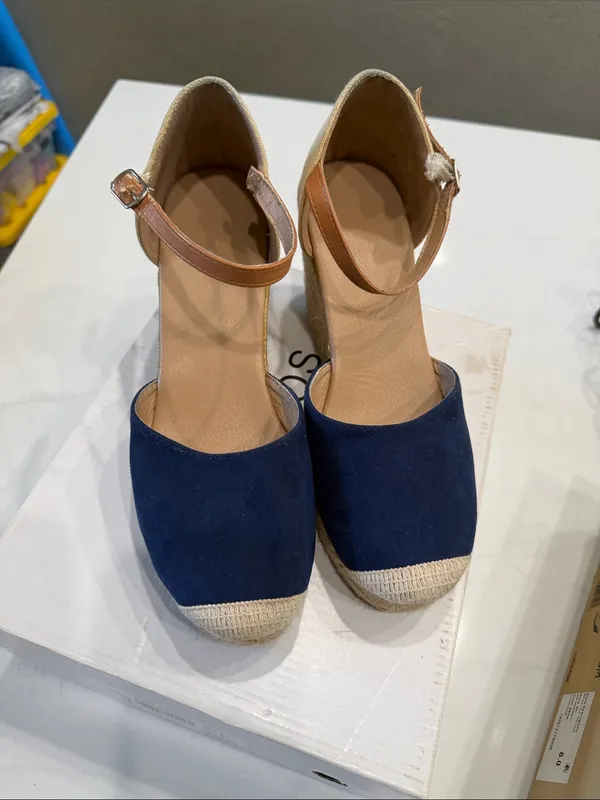 Dream Paris Navy and Cream Canvas Espadrille Wedges - Image 2