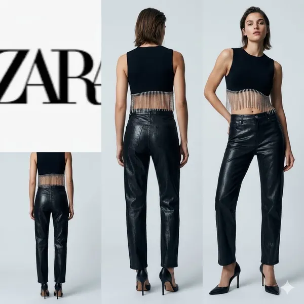 Zara Nwt Satin Effect Shiny Metallic Mid Waist Straight Leg Pants 4 - Image 15