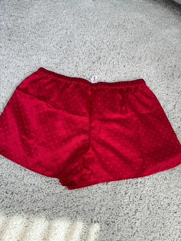 Red Satin Sleep Shorts with Tiny Dot Detail Womens Size Medium - Image 3