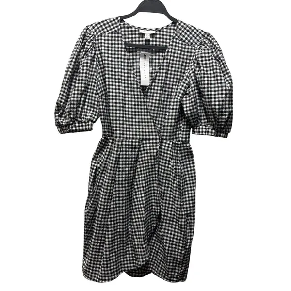 Topshop Black & White Gingham Puff Sleeve Wrap Mini Dress Size 6 - Image 3