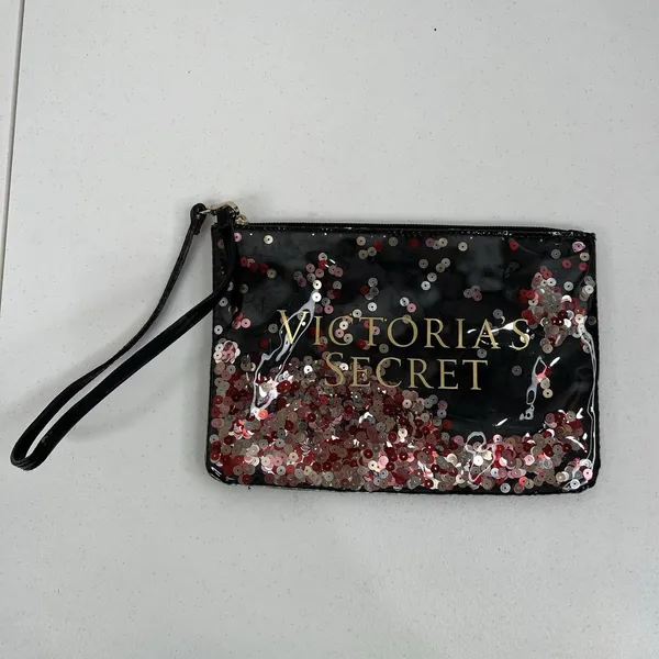 Victoria's Secret Wristlet Pouch Black Sequin Floating Logo Glam Makeup Bag - Image 2