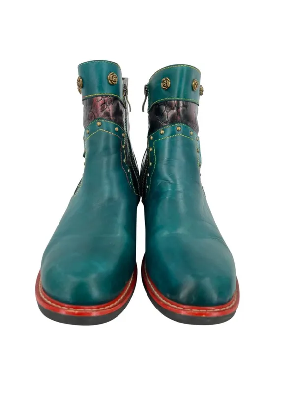 Boho Lagenlook Festival Teal Leather Ankle Boots Snake Print Stud Detail Size 42 - Image 7