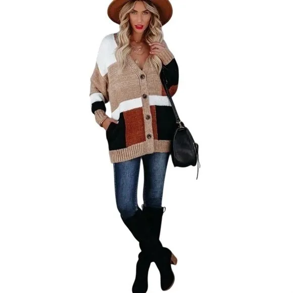 Lush Womens Multicolor Colorblock Knit Cardigan Sweater Button Front Relaxed Fit - Image 16