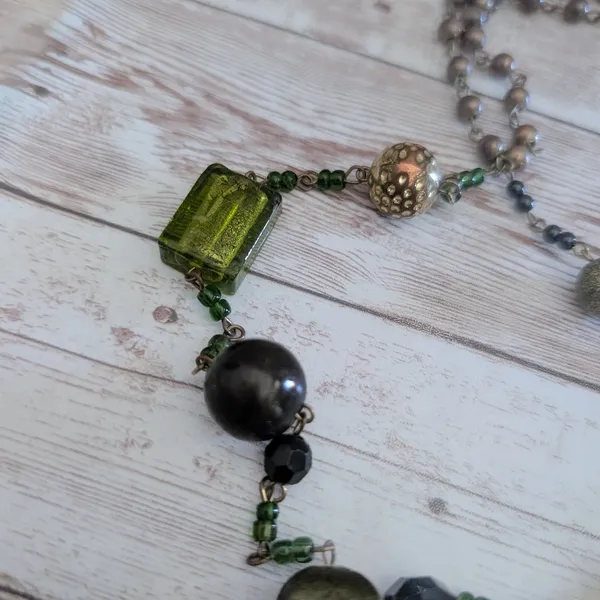 Vintage Necklace Gold Tone & Green Very Long Double Strand Statement - Image 6