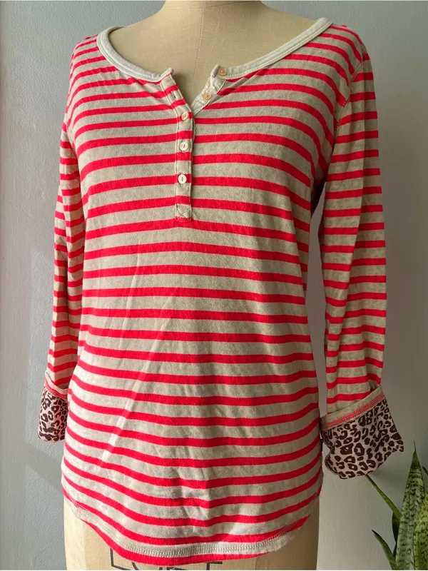 Maison Scotch• Hot Pink & Cream Striped/Leopard Print Henley• Sz 2 - Image 6