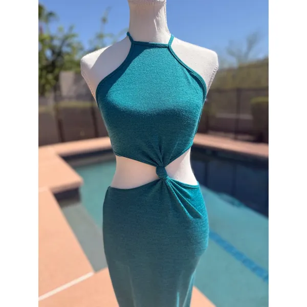 Peacock Green Maxi Dress Womens S Halter Twist Front Cutout Beach Resort Cruise - Image 2