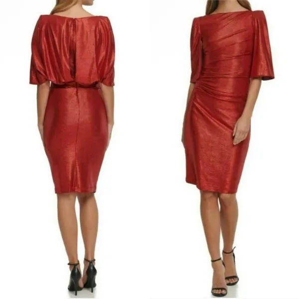 Eliza J Cocktail Dress Capelet Sleeve NWT Ruched‎ Sparkly Red Draped Back Size 8 - Image 2