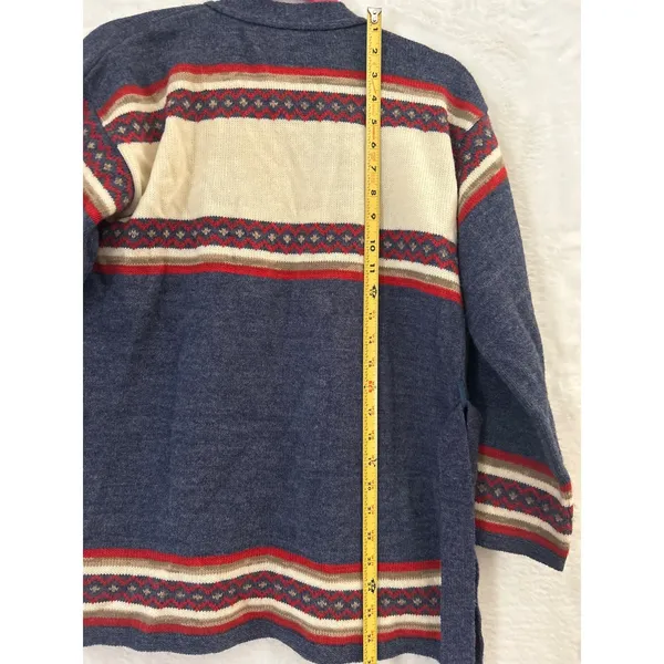 Mademoiselle Knitwear Vintage Nordic Fair Isle Wrap Belted Cardigan Sweater Blue - Image 6