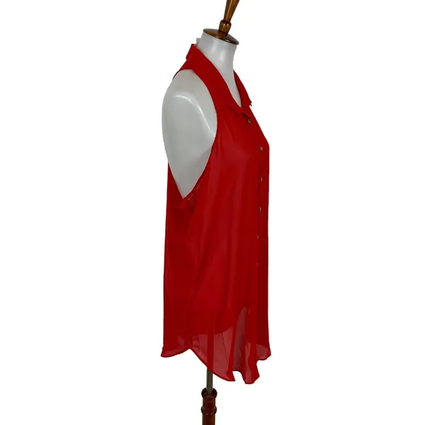 W By Wenjie Red Top Large Sleeveless Button‎ Down Bold Statement Cottagecore - Image 3