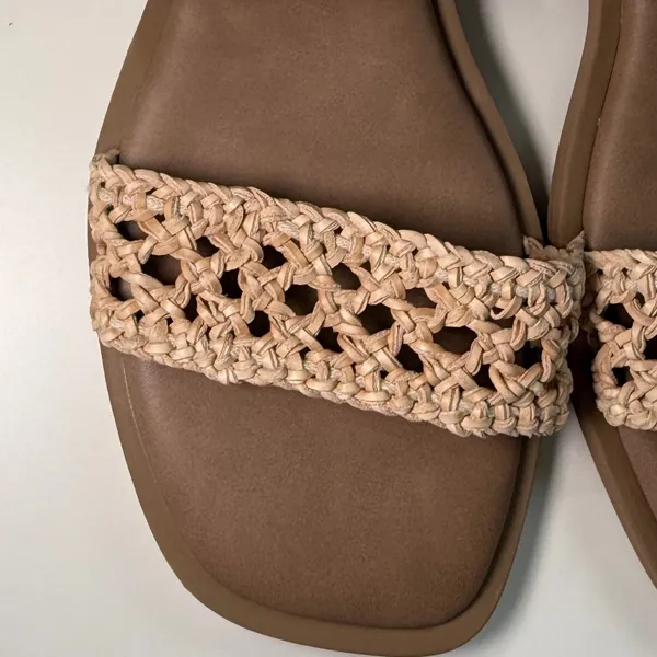 Steve Madden Dutchess Tan Woven Raffia Double Strap Flat Slide Sandals‎ 6.5 - Image 2