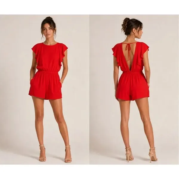 Wilfred Aritzia High Neck V-neck Back Red Romper Size Small Pockets #784 - Image 2