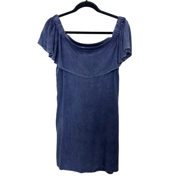 NWT Denim Chambray Embroidered Floral Off the Shoulder Dress L Western Boho - Image 2