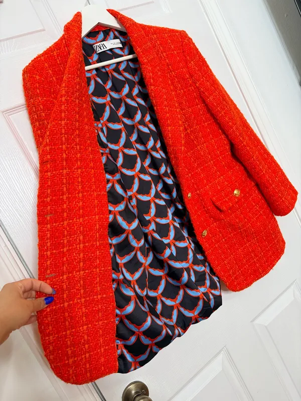 Zara Orange Bouclé Tweed Blazer Gold Button Preppy Quiet Luxury Old Money Size L - Image 6