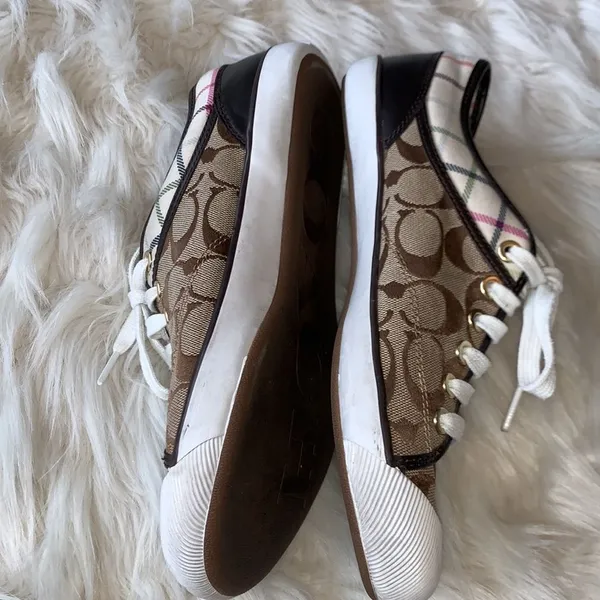 Coach Poppy Zorra Khaki Brown Signature Multicolor Tattersall Sneakers Size 8.5 - Image 4