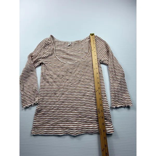 BP. Womens Striped Ribbed Knit‎ Scoop Neck Long Sleeve Top Brown White Size S - Image 3
