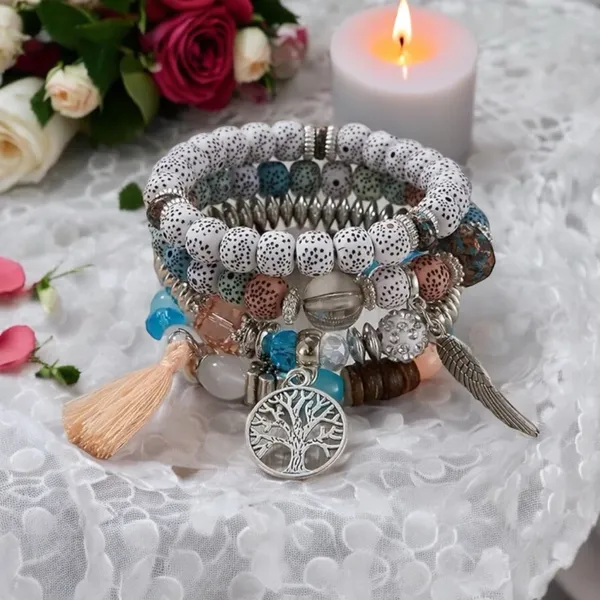 4pcs/set Bohemian Hand‎ String, Tree Of Life Feather Wings Pendant Bracelet - Image 5