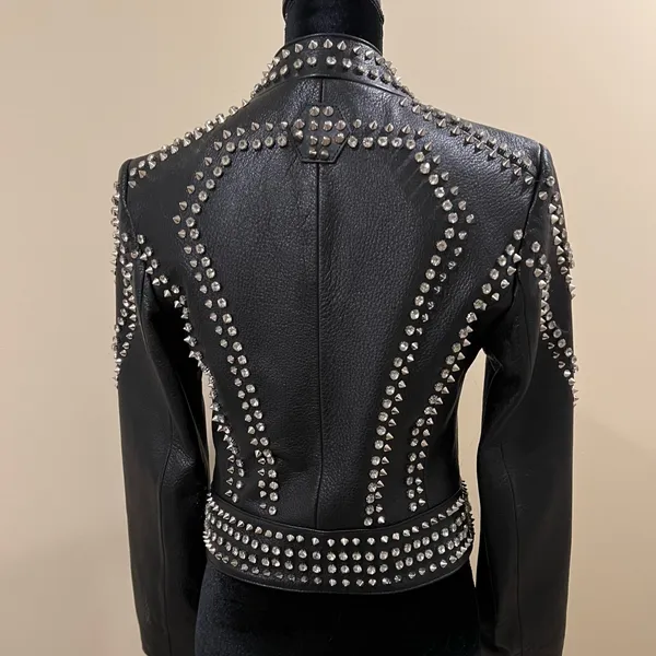 Genuine Leather Studded Crop Jacket Coat Blazer Cardigan Parka Slim Rhinestones - Image 5
