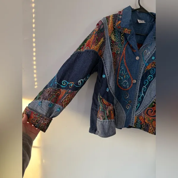 Vtg Parsley & Sage Botanical Floral Embroidered Button Up Denim Jacket Patchwork - Image 14