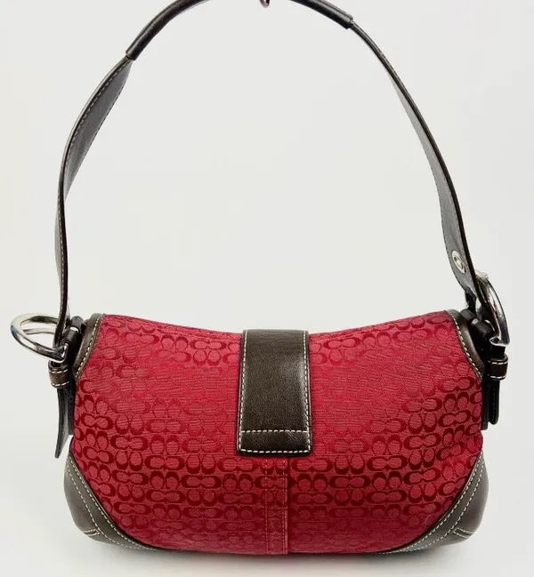 RARE Vintage Coach Mini Soho Signature Red Jacquard Brown Leather Flap Buckle Shoulder Bag - Image 8