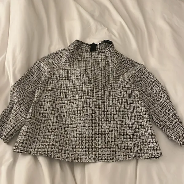 Zara | Tweed 3/4 Sleeve Blouse Black White XS Mock neck - Image 3