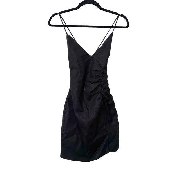 CALLIPYGIAN Linen Cinched Side Slit‎ Mini Dress Black Sz0 Size 0 - Image 2