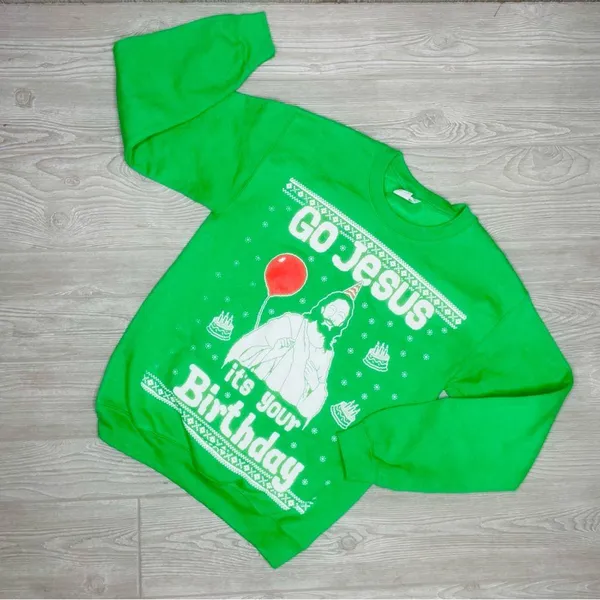 Gildan green funny religious “ go Jesus it’s your birthday “ long sleeve sweater - Image 3