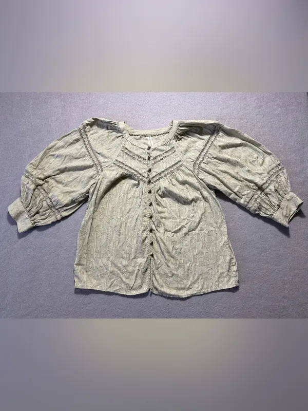 Anthropologie Womens Medium Green Textured Cotton Lace Boho Peasant Blouse Top - Image 4
