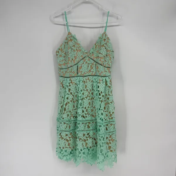 Mango‎ Lace Mini Dress Mint Green Spaghetti Strap Lined Size L - Image 2