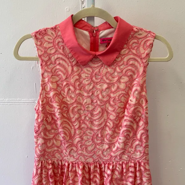 🍁 Betsey Johnson Pink Lace‎ Lined Peter Pan Collared Dress Womens Size 6 - Image 3