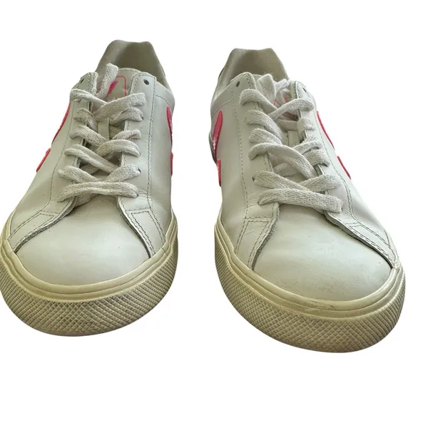Veja Esplar Sneakers Size 6 EU 37 White Leather With Bright Pink V Logo - Image 4