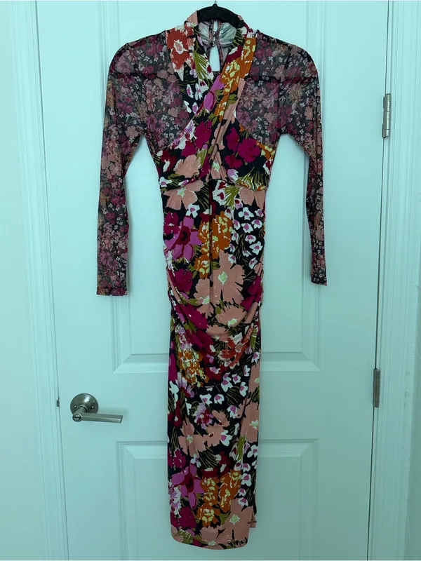 Anthropologie Halter High Neck Mesh Floral Ruched Midi Dress NWT XS - Image 7