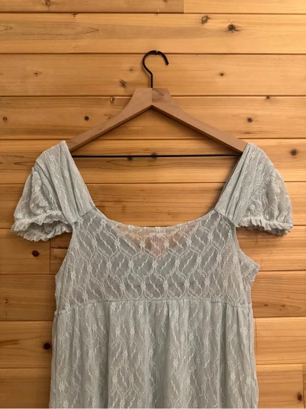 Y2K Free People Medium Baby Blue Babydoll Cap Sleeve Nylon Lace Blouse Coquette - Image 8