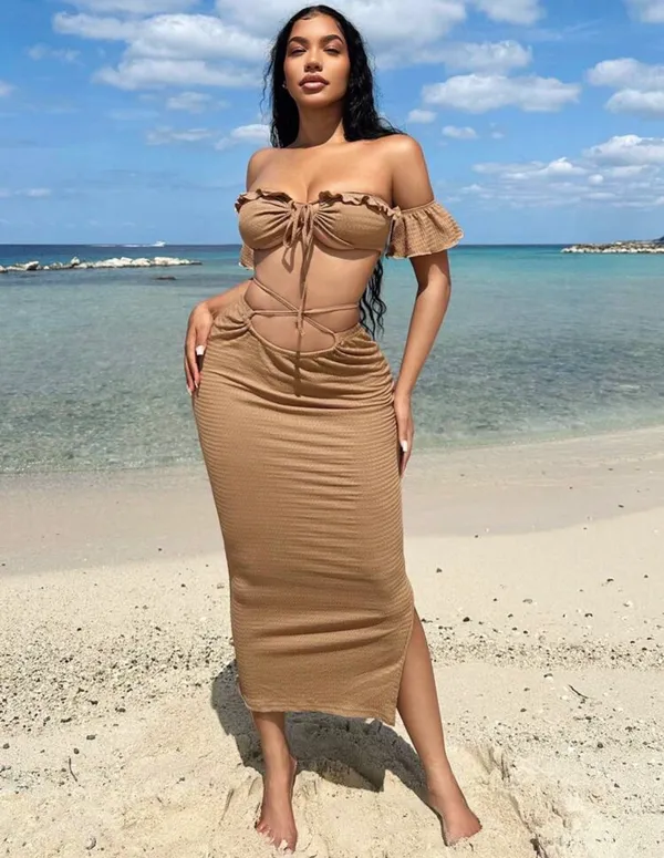 Ruffle trim cap sleeve cross tie crop top and skirt set - Image 2